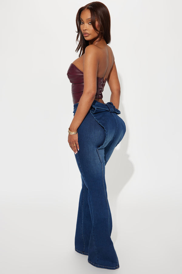 Brianca Bow Stretch Flare Jeans - Dark Wash